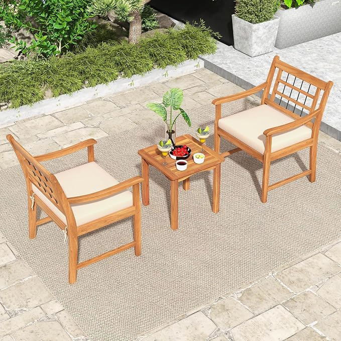 HAPPYGRILL 3 Piece Acacia Wood Patio Conversation Set, Outdoor Bistro Set with Cushions, Solid Wood Frame, 2 Armchairs & Coffee Table Set for Backyard, Porch, Poolside (Off White)