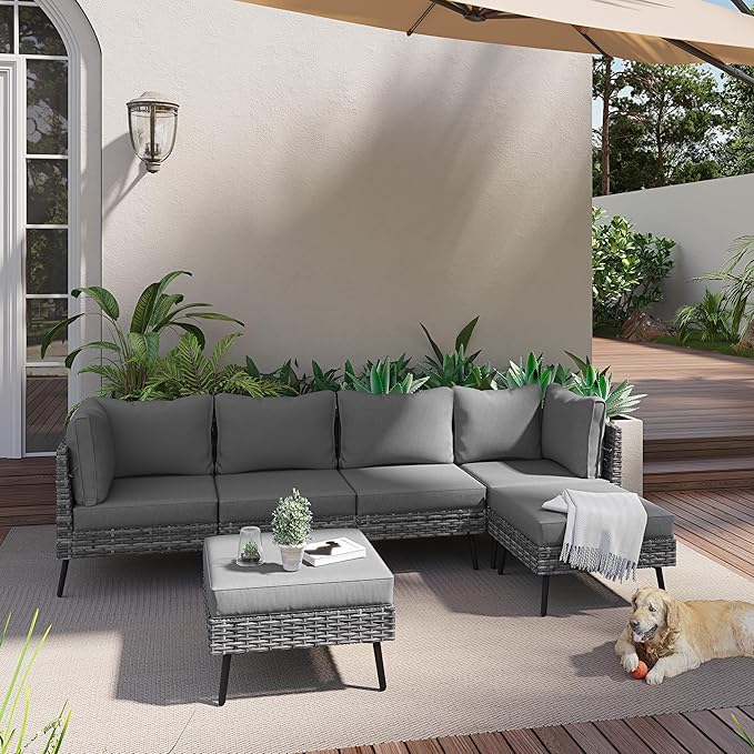 LAUSAINT HOME 6-Piece Patio Conversation Set, Modular Outdoor Sofa with Thick Cushions, All-Weather PE Rattan Sectional Seating for Garden, Backyard & Deck, Grey