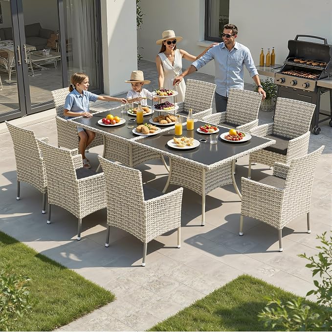 10-Piece Patio Dining Set, Patio Furniture Set with Square Tempered Glass Table & 8 Wicker Chairs, Expandable Design for Larger Groups, Outdoor Furniture for Backyard, Deck, Garden, Dark Grey