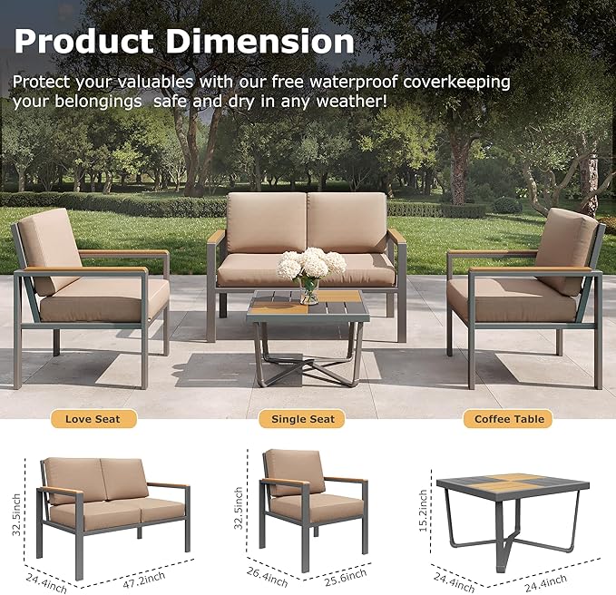 4-Piece Outdoor Patio Furniture Set, Metal Conversation Sofa Set with Deep Cushions & Wood-Like Armrests, Modern Patio Seating with Coffee Table for Garden, Porch, Balcony, Backyard (Brown)