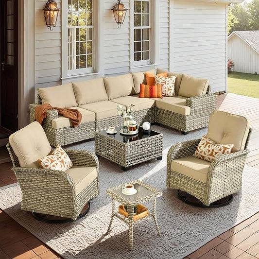 9 Piece Patio Furniture All Weather 7-Seater Outdoor Sectional Sofa with Patio Swivel Chairs and Solar Powered Coffee Table for Porch,Garden,Backyard,Deck(Tan)
