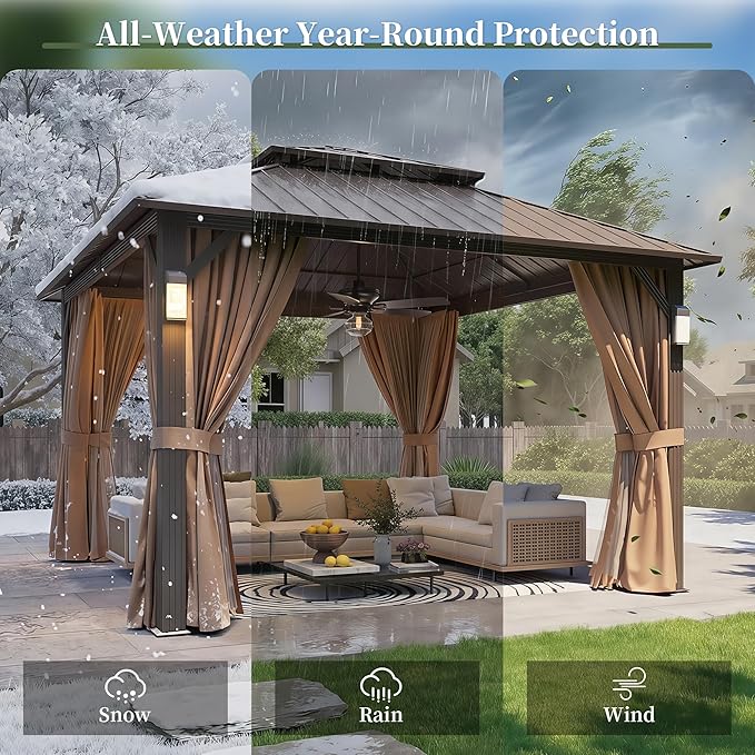Aoxun 12'x12' Hardtop Gazebo with 4 LED Lights, Outdoor Gazebo with Galvanized Steel Double Roof, Patio Gazebo with Breathable Netting & Privacy Curtain, Decor Hooks for Backyard, Brown