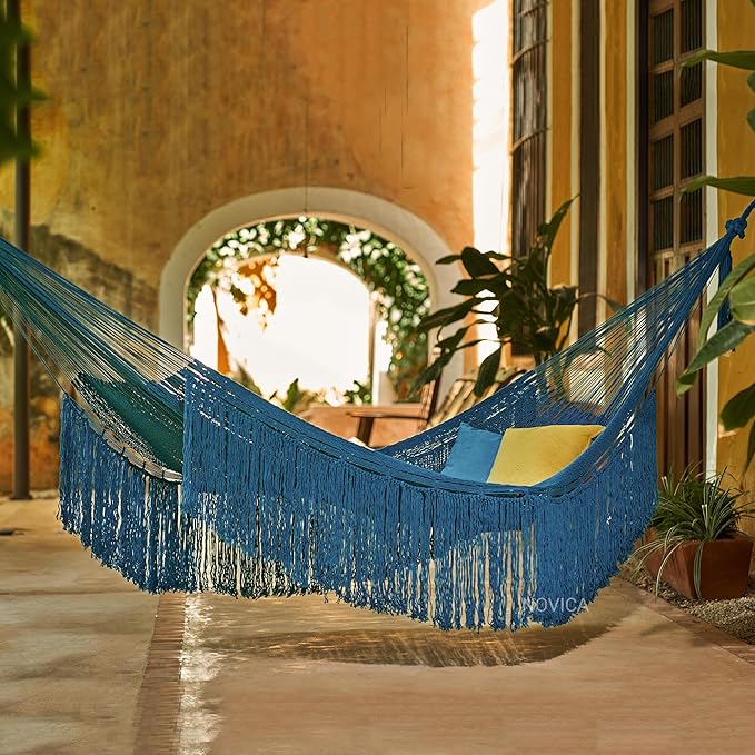 NOVICA Turquoise Blue Cotton 1001 Summer Nights Mayan Hammock from Mexico 'Caribbean Blue Cascade'