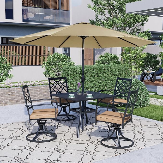 Oakcloud 5-Piece Metal Outdoor Patio Furniture Outdoor Dining Set with Brown Umbrella, 4 Metal Swivel Chairs and Square Dining Table with Umbrella Hole