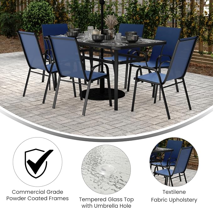 EMMA + OLIVER Bartlett 7-Piece Outdoor Dining Set, Patio Table with Tempered Glass Top and Umbrella Hole, 6 Flex Comfort Textilene Stack Chairs, 60", Navy/Black