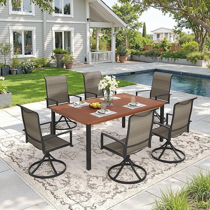 DIFY 7 Piece Outdoor Patio Dining Set for 6, 63" Walnut Rectangle Metal Dining Table and Swivel Patio Chairs with Brown Padded Textilene, All-Weather Outdoor Furniture Set for Garden Backyard Porch