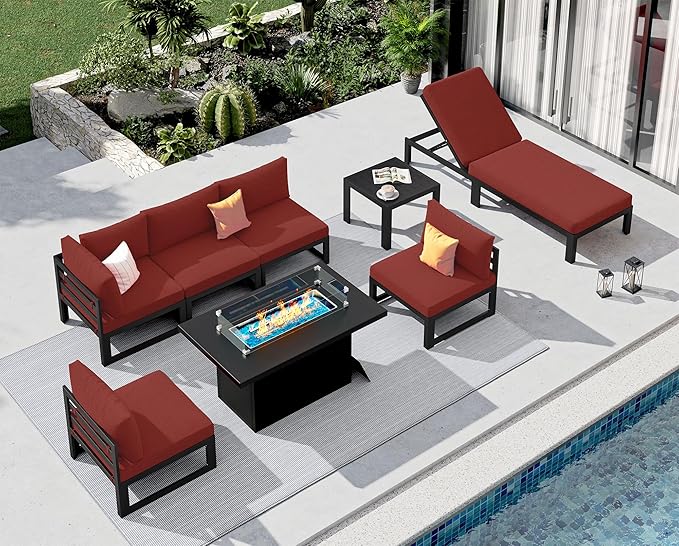 NICESOUL 8 Pcs XL Aluminum Patio Sectional Furniture Set with Chaise & Fire Pit Table, 500 lbs Heavy Duty Anti-Rust Outdoor Couch, 29" Deep Wide Seating, High End Conversation Sofa for Poolside, Red
