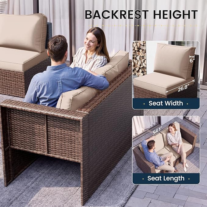 Amopatio Patio Furniture Set with Fire Pit Table, All-Weather Wicker Outdoor Conversation Sofa Set with Glass Coffee Table, Cushions & Ottomans for Deck Backyard Porch Lawn Brown/Khaki