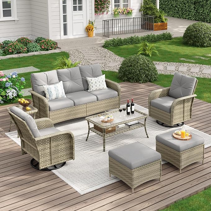 LazySunsets Luxury 9-Piece Patio Furniture Set, 360° Swivel Chairs, Wicker Rattan Sofa with Thick Cushion, Outdoor Conversation Set for Backyard, Poolside & Garden, Beige/Gray