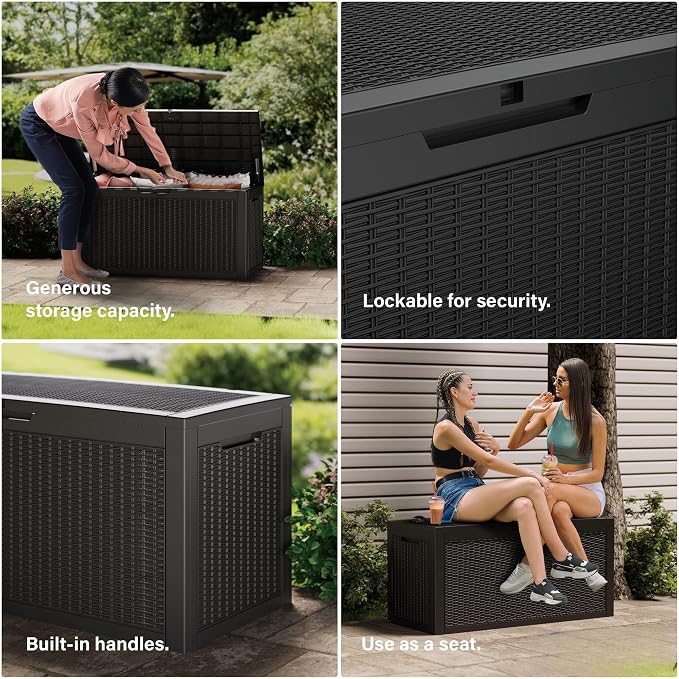 Outdoor Storage Box Waterproof, 150 Gallon Lockable Resin Deck Box Large, Patio Storage Bin for Pool Accessories Cushion Furniture, Garden Tools, UV-Resistant Outside Delivery Black