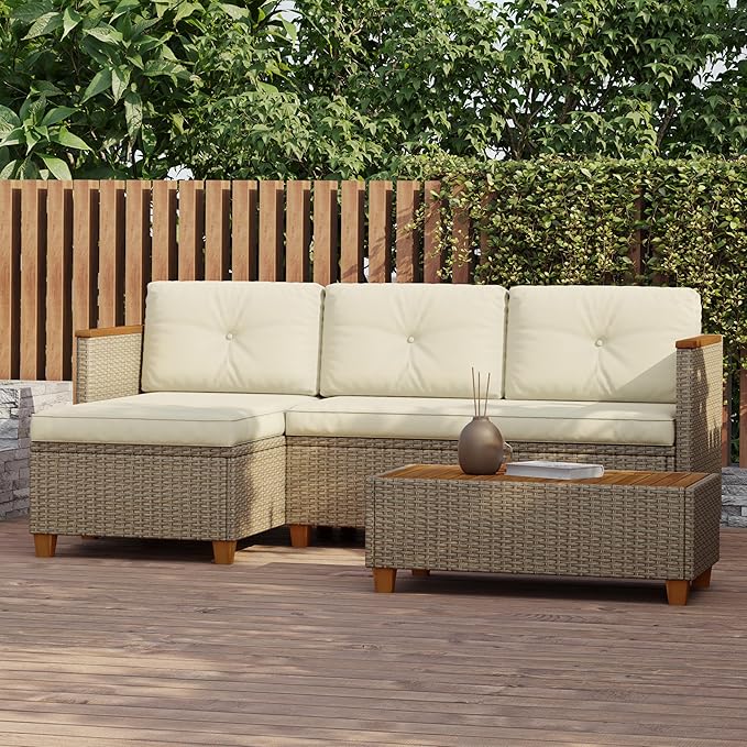 Patio Furniture Set Small Rattan Conversation Set, 3 Piece Wicker Outdoor Sectional Chaise Longue with Acacia Wood Coffee Table,L-Shaped Sofa Couch for Deck Garden Balcony, Beige
