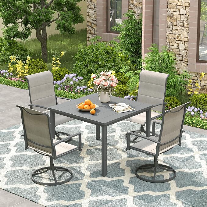 VICLLAX Outdoor Patio Dining Table for 4, Metal Square Patio Table with Umbrella Hole for Backyard Porch, Dark Grey 40.2"