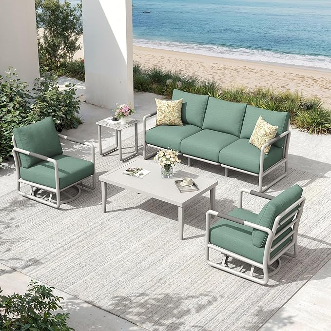 5-Piece Outdoor Aluminum Patio Furniture Set, All-Weather Patio Conversation Set with 2 Swivel Rocking Chairs, 3-Seat Sofa & Rectangular Coffee Table for Pool, Garden, Balcony – White