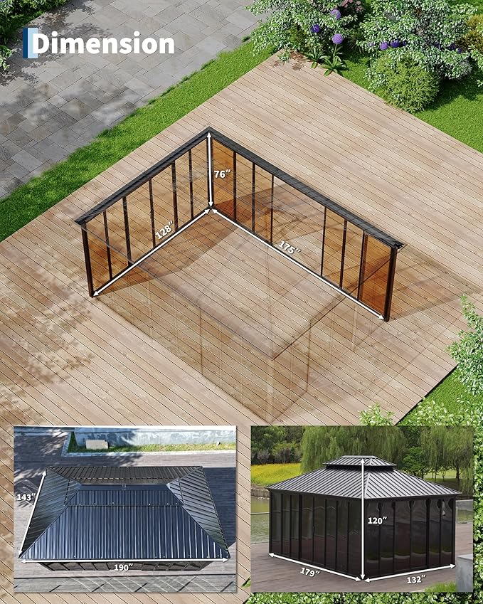 GarveeLife 12x16 ft Sunroom Hardtop Gazebo, Enclosed Gazebo with Floor-to-Ceiling Sliding Doors, All-Aluminum Alloy Frame, Screen Outdoor Room Solarium for Backyard, Patio, and Deck