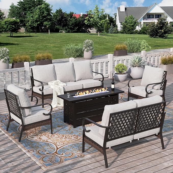 HERA'S HOUSE 5 Piece Metal Patio Furniture Set with 56" Fire Pit Table, All Weather Outdoor Conversation Set, 3 Seat Sofa with Loveseat, 2 Fixed Chairs, Seats 7 for Backyard, Garden, Deck, Light Grey