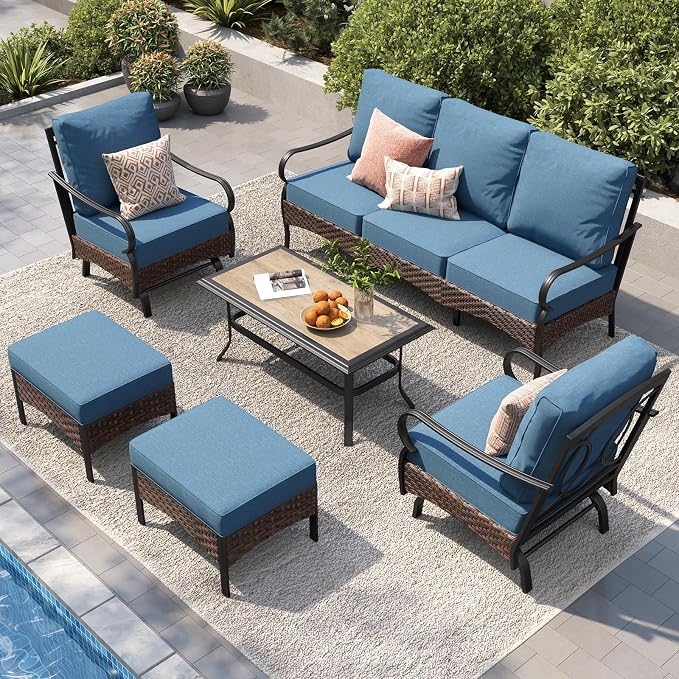 PHI VILLA Patio Furniture Set, Upgraded Wicker & Metal Modern Outdoor Conversation Sets Patio Sectional Rocking Chair Set with Coffee Table & Waterproof Thick Cushions for Porch, Deck(6 Pieces, Navy)
