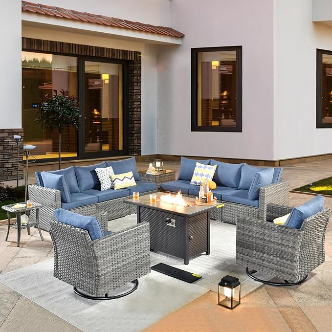 ovios 11 Piece Outdoor Patio Furniture Set with Fire Pit Table,Conversation Sectional Wicker Couch with Swivel Chairs,Modern Outside Sofa for Balcony Backyard, Blue