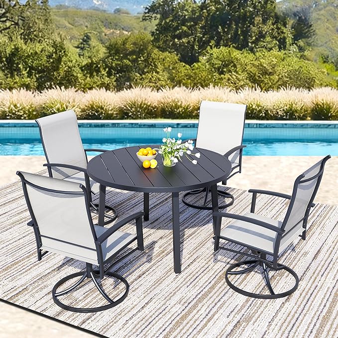 5 Piece Outdoor Patio Dining Set for 4, 42" Black Round Metal Table with 4 Oyster Beige Swivel Chairs, All-Weather Outdoor Furniture Set for Backyard, Lawn, Deck, or Poolside
