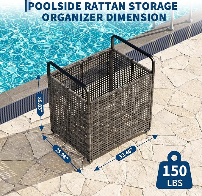 TrailBlaze Heavy-Duty Outdoor Pool Float Storage Bin – Large Mesh Organizer with Wheels & Handrail – Weather-Resistant PE Rattan – Locking Casters – Patio Poolside Storage Bench – Size: 85×66×91cm,