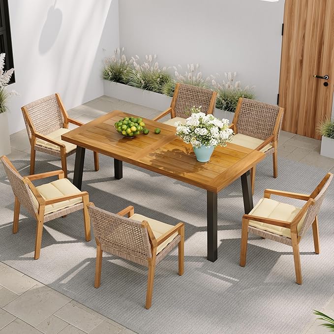 Christopher Knight Home Palin Wooden Patio Dining Set for 6, Acacia Wood Outdoor Dining Table Set for 6, 7 Piece Outdoor Dining Set with Rectangular Table and Armchair with Seat Cushion, Teak+Beige