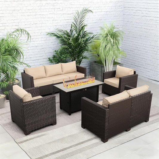 Rattaner 5-Piece Outdoor Patio Furniture 45 in Outdoor Fire Pits Patio Furniture Set 60000 BTU Outdoor Propane Fire Pit No-Slip Cushions Waterproof Covers, Khaki