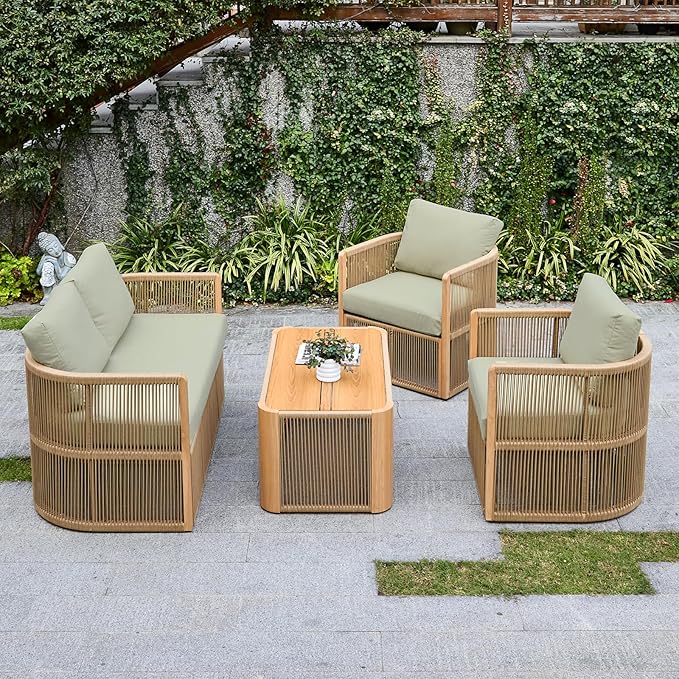 Sectional Patio Set, Modern Aluminum & Rope Outdoor Sofa Set with Cushions, Patio Conversation Set, 4 Piece Patio Furniture, Balcony Furniture Chair Set All Weather, Green
