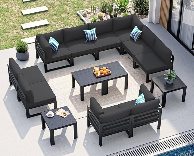 NICESOUL 14 Piece Extra Large Modern Aluminum Patio Furniture Set, Modular Outdoor Conversation Set with Coffee Table, 500 lbs Heavy Duty Comfortable Sectional Sofa for Poolside Exterior, Black