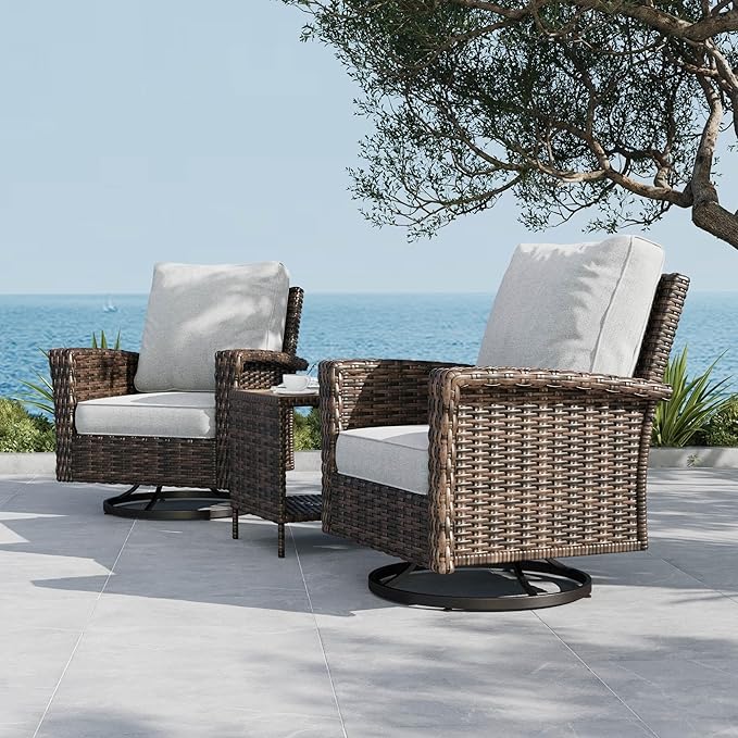 Patio Wicker Swivel Chairs Set of 2, Outdoor High Back Chairs with 5.5" Waterproof Cushions and Side Table, Outdoor Furniture Set for Deck Porch and Yard, Light Grey
