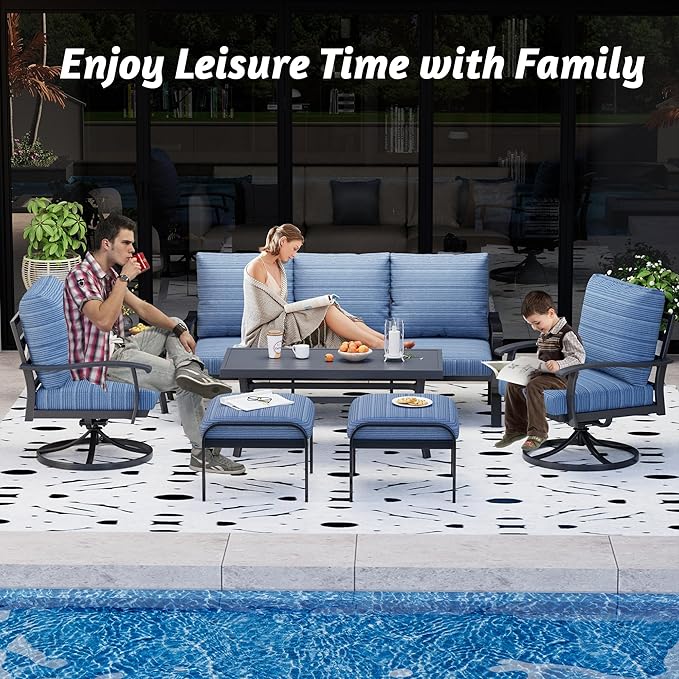 HOMREST Patio Furniture Sets 7 PCS Outdoor Metal Conversation Sets, 360 Degree Swivel Rocking Chairs Patio Conversation Set with Ottomans, Coffee Side Table and 3-Seat Sofa for Garden, Deck, Poolside