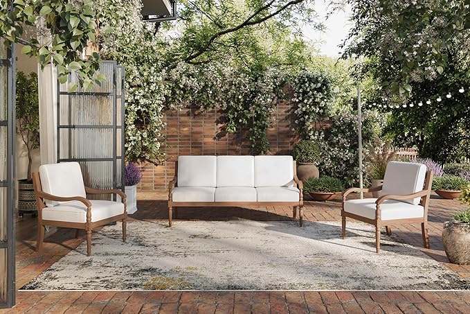 New Classic Furniture Savannah Acacia Wood Patio Conversation Sets for 5 – Stylish Outdoor Patio Conversation Sets – Outdoor Furniture Sets for Balcony, Deck, or Small Outdoor Spaces