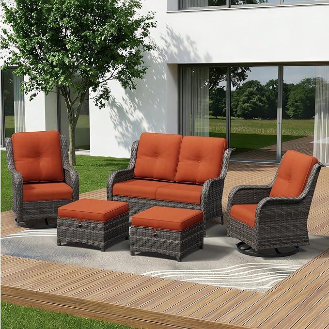 5 Piece Outdoor Wicker Patio Furniture Set, Outdoor Swivel Rocker Patio Chairs Set with Thickened Olefin Cushions, High Back and Deep Seating, Hand-Woven PE Rattan for Porch, Deck