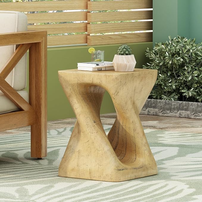 Patio Faux Concrete Side Table Outdoor Faux Wood End Table, Round Outdoor Accent Tables, Garden Stool Plant Stand for Porch, Backyard Natural Wood