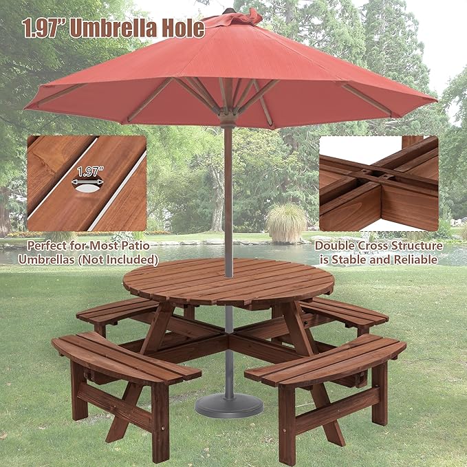 HomVent 8-Person Solid Wood Picnic Table for Patio Backyard Garden Outdoor Circular Picnic Table Set with 4 Built-in Benches & Umbrella Hole, 500lb Capacity - Walnut