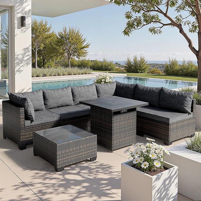 8 Piece Patio Furniture Set with 50000 BTU Fire Pit Table, Wicker Outdoor Patio Conversation Set with Propane Fire Pit, Waterproof Rattan Patio Couch Set for Backyard, Deck & Garden