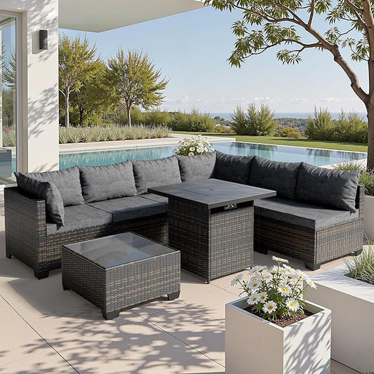 WWR Patio Furniture Set with 50000 BTU Propane Fire Pit Table 8 Piece, Wicker Outdoor Patio Conversation Set, Waterproof Rattan Patio Couch Set for Backyard, Deck & Garden, Brown/Dark Gray