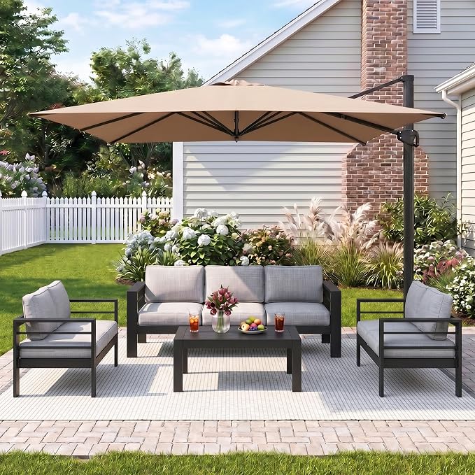 Wisteria Lane 5 Pieces Aluminum Patio Furniture Set with Umbrella, All Weather Oversized Outdoor Furniture Set with Deep Seat and Back Cushion, Patio Conversation Sets Wide armrest, Light Gray & Kahki