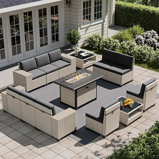 13-Piece Outdoor Patio Furniture Set with Fire Pit, Modular Sectional Sofa Set with Glass Coffee Table and Cushions, Wicker Outdoor Couch Conversation Sets, Black
