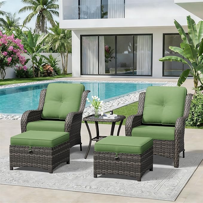 5 Piece Outdoor Wicker Patio Furniture Set, Patio Chairs Set with Thickened Olefin Cushions, High Back and Deep Seating, Hand-Woven PE Rattan, Ottoman for Porch, Deck