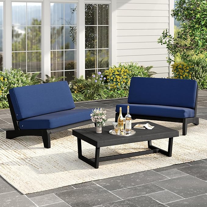 UIXE Black Wood Patio Furniture Sets, 3 Pieces All Weather Patio Loveseat Sofa Outdoor Sectional Futniture Backyard Conversation Set with Solid Wooden Coffee Table - Navy Blue