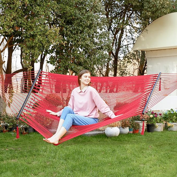PNAEUT Double Rope Hammocks for Outside, Handwoven Double Caribbean Hammock with Spreader Bar for Outdoor Indoor, Max 600 lbs Capacity (Ruby)