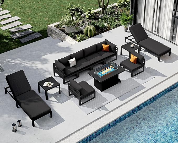 NICESOUL Oversized Modern Aluminum Outdoor Patio Furniture Set with Lounger & Fire Pit Table, 29" Wide Deep Seating, Rust Fade Resistant Sectional Sofa, 500 lbs Heavy Duty Deck Conversation Set, Black