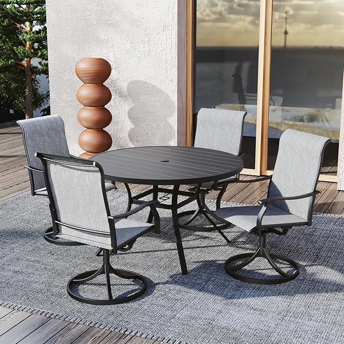 Anmutig 5 PCS Patio Dining Set for 4 Person, High Back Outdoor Swivel Chairs and 48 inch Round Metal Table, Patio Table and Chairs Set for Outdoor - Grey Style1