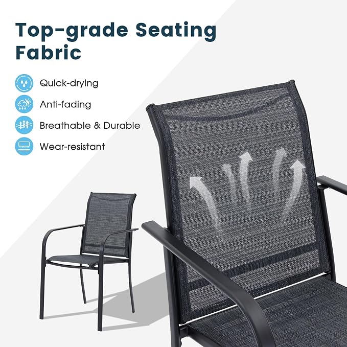 7 Pieces Patio Dining Set, 59" Rectangular Dining Table with Umbrella Hole, 6 Stackable Textilene Fabric Chairs, Metal Structure for Patio, Porch, Garden(Black Table, Grey Chair)