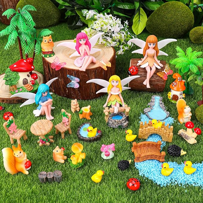 40Pcs Fairy Garden Accessories Miniature Garden Ornaments Kit with Mini Animal Plant Fairies Furniture House Figures Bulk for Micro Landscape DIY Terrarium Potted Plants Dollhouse Decor