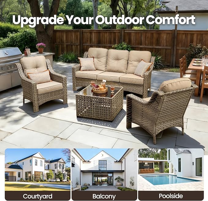 4 Piece Outdoor Patio Furniture Set, All Weather Waterproof Wicker High Back Conversation Set, Two Single Chairs, Solar Light Coffee Table, Outside Furniture for Porch Balcony, Beige