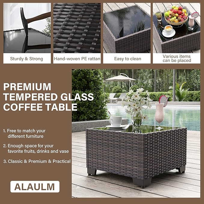 ALAULM 8 Pieces Patio Furniture Set with Aluminum Fire Pit Table Outdoor Furniture Sets 55000BTU Gas Fire Pit Brown PE Rattan Wicker Patio Conversation Sets w/6 Cushions-Sand