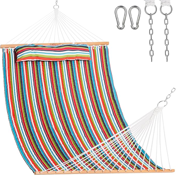 Lazy Daze Hammocks 12 FT Quilted Fabric Double Hammock with Spreader Bars and Detachable Pillow, 450lbs Weight Capacity, Bright Stripe