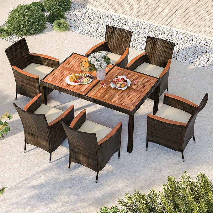 KOTEK 7 Piece Outdoor Dining Set, Wicker Patio Dining Set for 6 with Stackable Chairs & Acacia Wood Table, 1.96'' Umbrella Hole, Patio Table and Chairs Set for Backyard, Deck, Garden (Mix Brown)