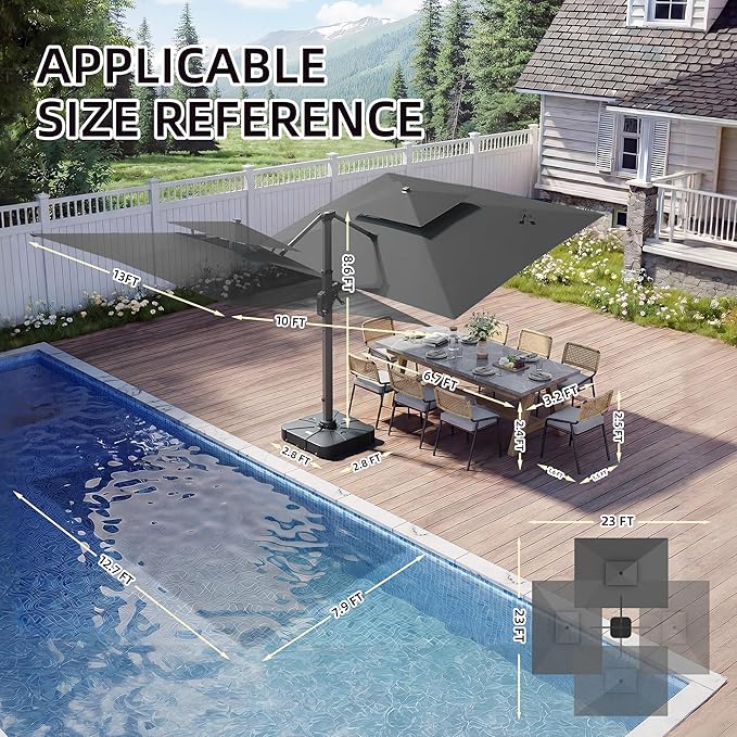 10 X 13 FT Cantilever Patio Umbrella with Led Lights and Base Included Heavy Duty Outdoor Double Top Large Rectangle Offset Umbrellas with 360-degree Rotation for Garden Pool Deck Backyard, Grey