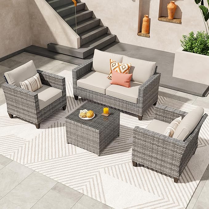 ovios 4 Pieces Patio Furniture Set, Outdoor Wicker Rattan Sofa Couch with Loveseat, Chairs, Glass Coffee Table, Conversation Sets for Yard Porch Garden, Beige